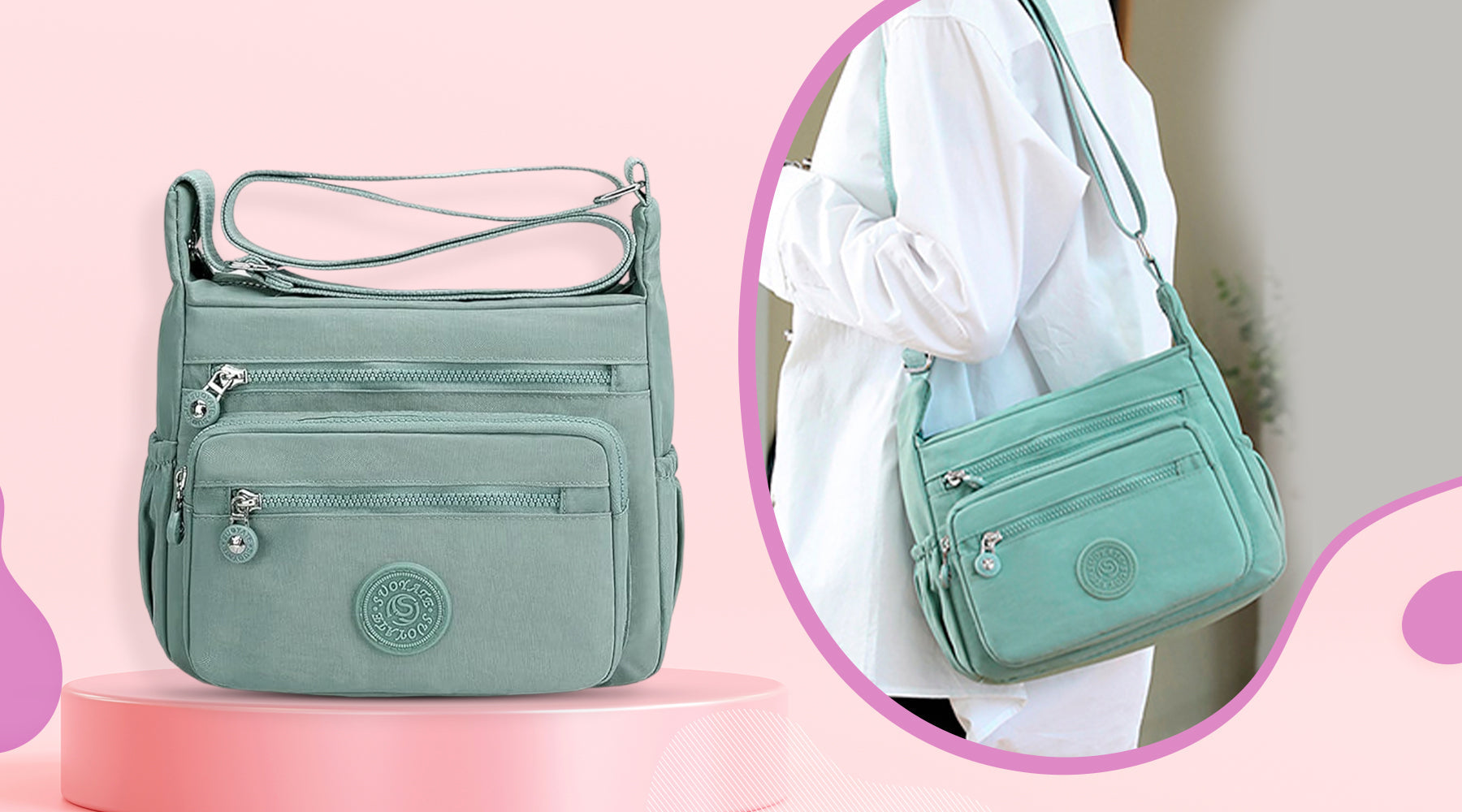 PALAY® Women Stylish Crossbody Bags Nylon Drawstring Bucket Bag Simple Messenger Bag Adjustable Strap