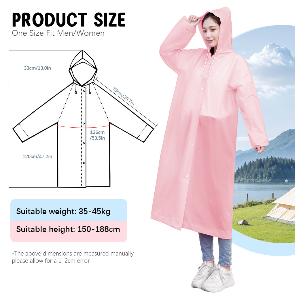 PALAY® Waterproof Rain Ponchos for Adults (2Pack)Reusable EVA Lightweight Long Raincoat with HoodButton-Up Unisex Rainwear for Motorcycle Commute, Monsoon Travel & Festivals (Length 136cm)