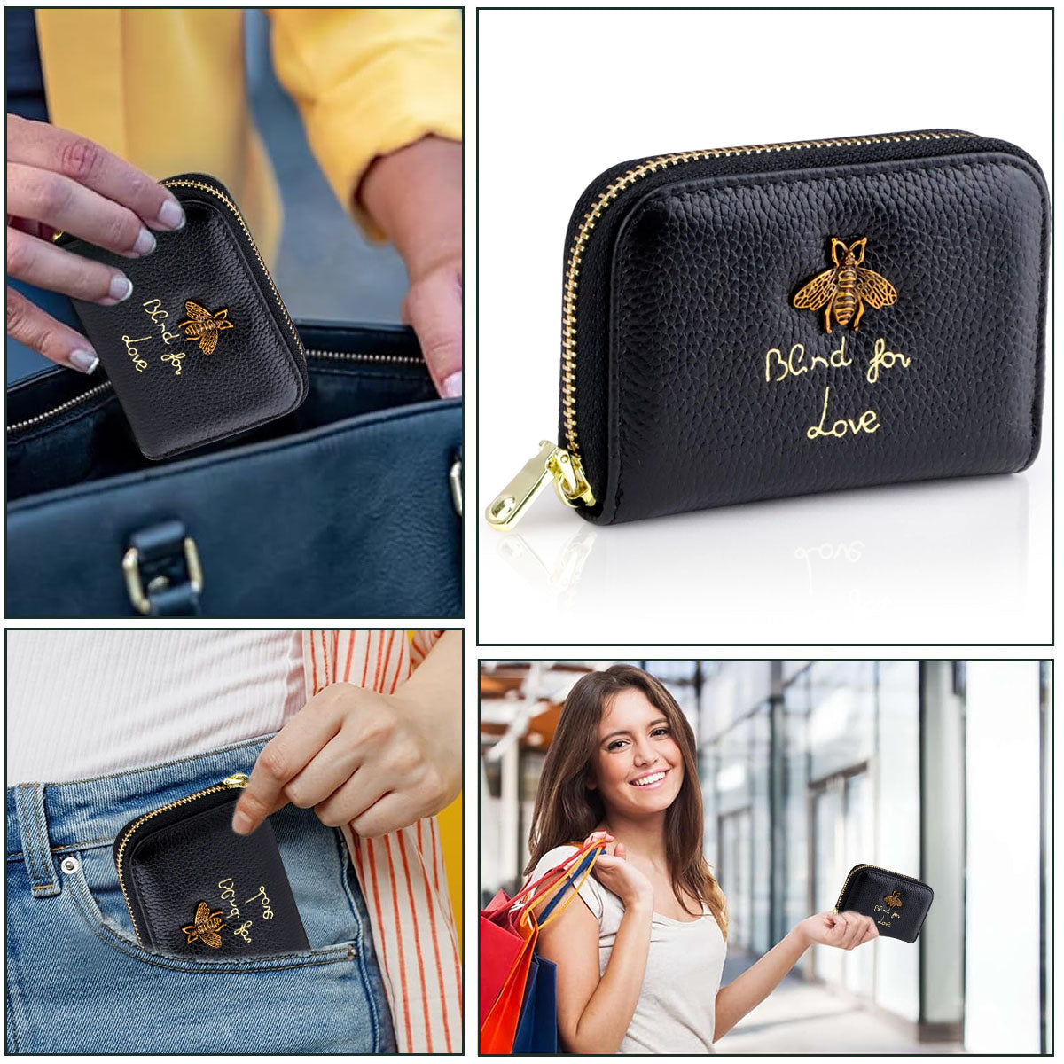 PALAY® Women Cards Bag RFID Credit Card Zipper Pouch with 12 Card Slots & 2 Utility Compartment Fashion Little Bee Charm PU Leather Zipper Pouch Card Bag Coin Bag Gift for Women, Black, 10.5x8cm
