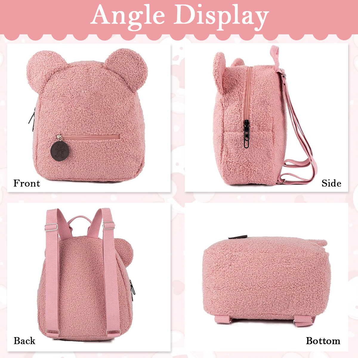 PALAY® Girls Backpack Cute Pink Bear Plush Backpack Kawaii Casual Bag for Girls Travel Backpack Day Pack Birthday Christmas Gift for Girls, 28x27x13cm