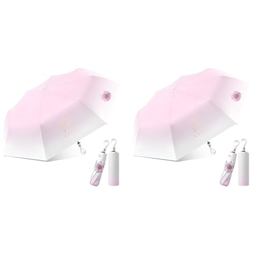 PALAY® Compact Umbrella for Sun Rain Protection Auto Open Close Travel Folding with Flower Charm Strap Black Tape UV 8 Dual Ribs Anti-Slip Rubber Handle Outdoor Commute 2 PCS