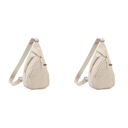 PALAY® Chest Bag for Women Men Fashion Nylon Lightweight Shoulder Front Back Sling Zipper Pouch Day with Handle Casual Beige Hiking Work 2PCS