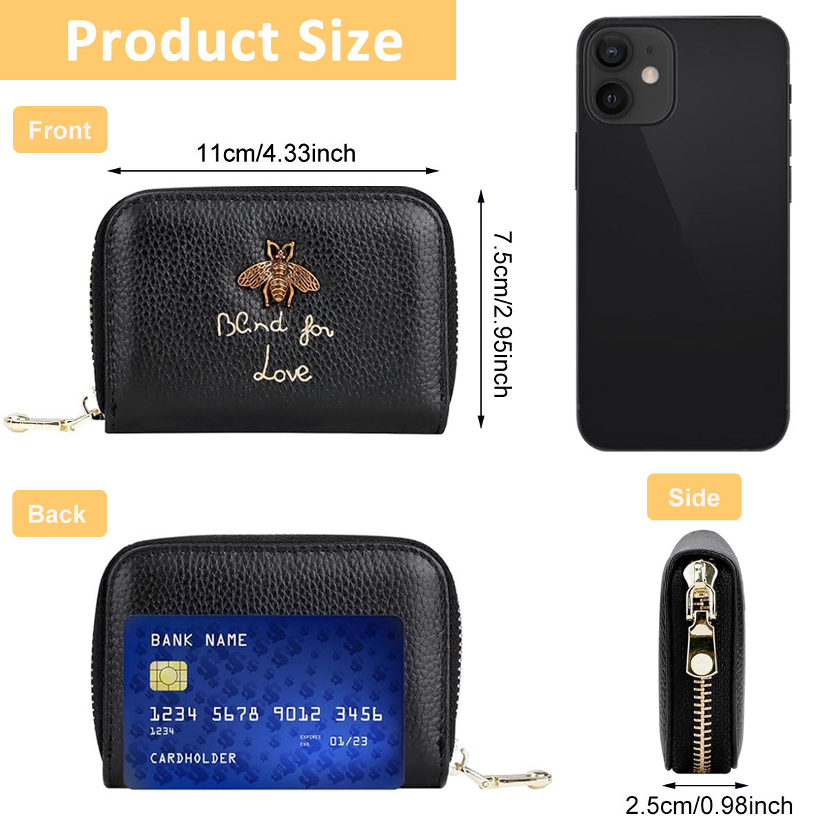 PALAY® Women Cards Bag RFID Credit Card Zipper Pouch with 12 Card Slots & 2 Utility Compartment Fashion Little Bee Charm PU Leather Zipper Pouch Card Bag Coin Bag Gift for Women, Black, 10.5x8cm