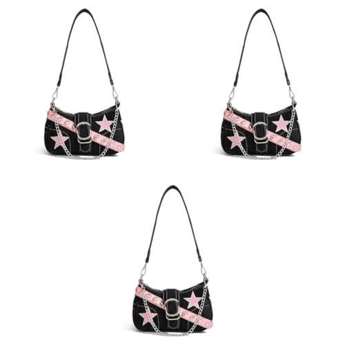 PALAY® Chic Shoulder Bag for Girls Canvas Handbag with Chain Charm Small Hobo Stylish Sweet Y2K Star Patchwork Letter Printed Casual Zipper 23x7x13cm 3PCS