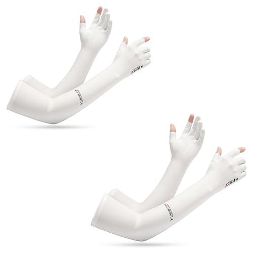 PALAY® 2 Pairs Sun Protection Gloves for Women Men Non-Slip Touch Screen Arm Sleeves Breathable Silk Cooling UV Protection Hand Sleeves Full Arm Hand Gloves for Bike Riding, Driving, Cycling - White