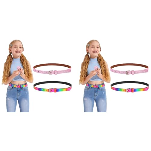 PALAY® 4PCS Girls Belt PU Leather Glittering Pink Stylish Rainbow Waist with Metal Buckle 31inch for 6-12 (Pink & Rainbow)