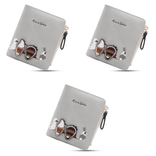 PALAY® Small Wallets for Women Cute Mini Animals Embroidery Short Card Holder Billfold Leather Purse Gift Girls Grey 3 PCS