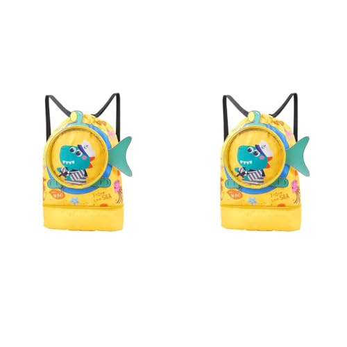 PALAY® Swimming Bag for Kids Cute Cartoon Shark Print Waterproof Drawstring Backpack Dry Wet Separation Storage Travel Sports Portable Beach Yellow 2 PCS