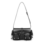 PALAY® Shoulder Bag for Women Black PU Hobo Bag Fashion Dainty Shoulder Bag Casual Shoulder Bag Hand Bag Chic Punk Multipocket Zip-up Shoulder Bag Evening Bag, 27x7x16cm