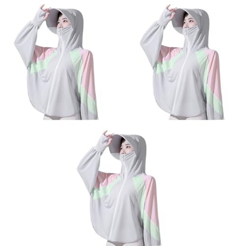 PALAY® Woman Sun Protection Hoodie Jacket Lightweight UPE50 Sun Blocking Coat with Pocket Long Sleeve Shirt Hiking Outdoor Face Mask 3 PCS