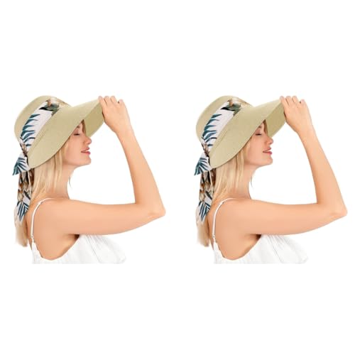 PALAY® Womens Straw Hat for Summer Wide Brim Sun Hats with Print Ribbon Fashion Beach Ladies Beige UV Protection Cap Lightweight Breathable 2 PCS