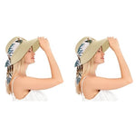 PALAY® Womens Straw Hat for Summer Wide Brim Sun Hats with Print Ribbon Fashion Beach Ladies Beige UV Protection Cap Lightweight Breathable 2 PCS