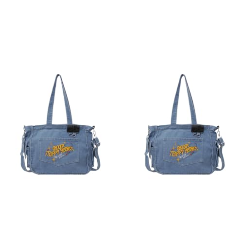 PALAY® Chic Cloth Bag for Girls Women Casual Shoulder Crossbody Tote 2 in 1 Variable Hand Fashion Letter Embroidery Denim Book for Daily School 2PCS
