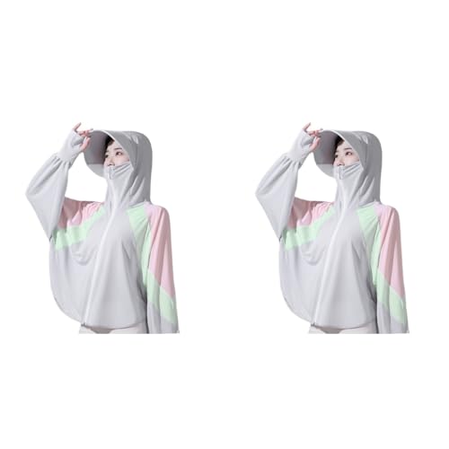 PALAY® Woman Sun Protection Hoodie Jacket Lightweight UPE50 Sun Blocking Coat with Pocket Long Sleeve Shirt Hiking Outdoor Face Mask 2 PCS