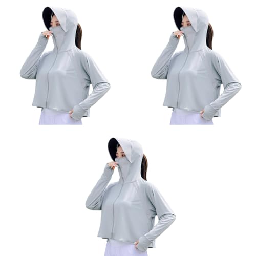 PALAY® Sun Protection Jacket for Women UPF 50 Plus Black Coating Wide Brim Hat Lightweight Full Zip Outdoor Running Hiking Hoodie with Face Mask Grey 3 PCS