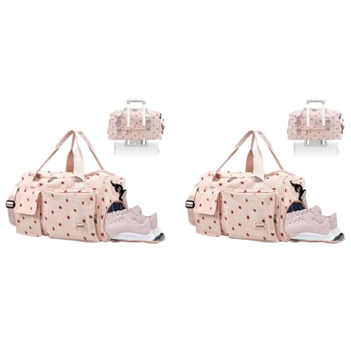 PALAY® Women Duffle Bag Gym with Shoe Compartment Cute Pink Strawberry Prints Corduroy Travel Removable Shoulder Strap Multi-Pocket for Camping 48x24x27cm 2PCS