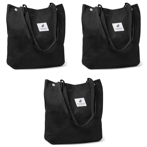 PALAY® Tote Bag Corduroy Grocery Large Hand For Women Shopping Shoulder Commuting Black 3PCS