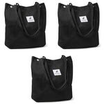 PALAY® Tote Bag Corduroy Grocery Large Hand For Women Shopping Shoulder Commuting Black 3PCS