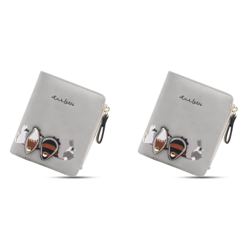 PALAY® Small Wallets for Women Cute Mini Animals Embroidery Short Card Holder Billfold Leather Purse Gift for Girls Grey 2 PCS