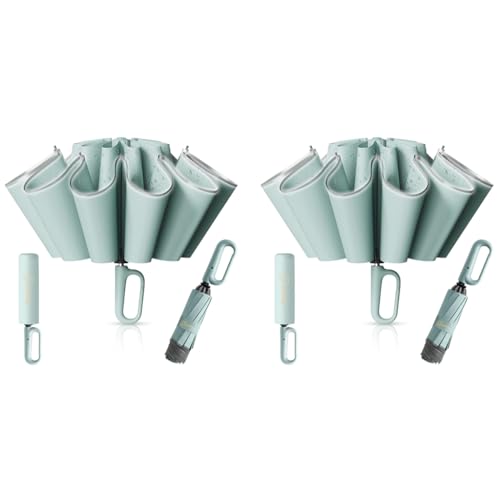 PALAY® 50 Large Umbrella with Reflective Strip Auto 3-Fold Compact Travel Umbrella Carabiner Handle Reinforced 10 Dual Ribs Sun Protection 99 UV Rain Windproof for Men Women Mint Green X 2 PCS