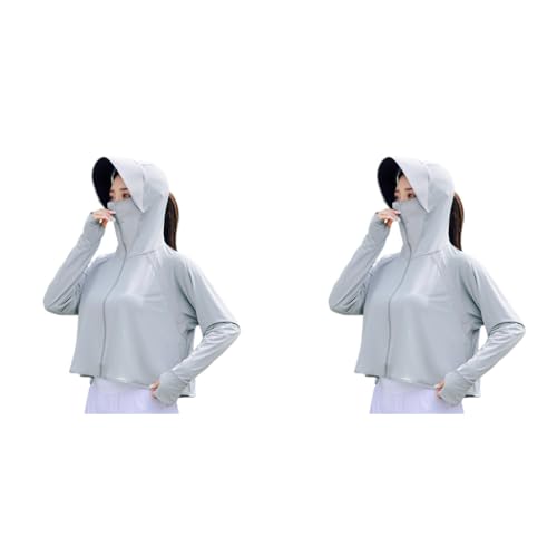 PALAY® Sun Protection Jacket for Women UPF 50 Plus Black Coating Wide Brim Hat Lightweight Full Zip Up Outdoor Running Hiking Hoodie with Face Mask Grey 2 PCS
