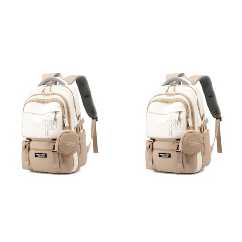 PALAY® Casual Backpack With Cute Accessory 18.1 Inch Bookbag Pendant Laptop Bag Lightweight Travel Beige 2 PCS