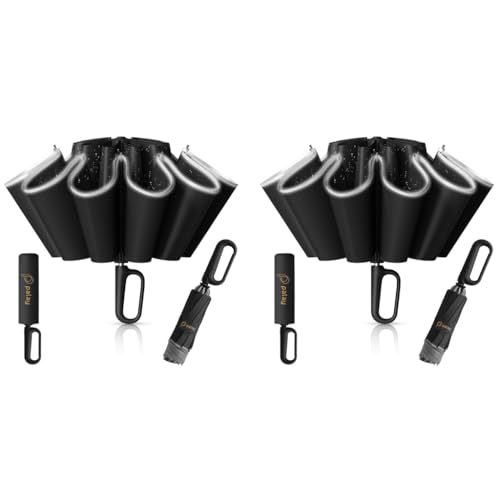 PALAY® 50 Inch Large Umbrella with Reflective Strip Auto 3-Fold Compact Travel Carabiner Handle Reinforced 10 Dual Ribs Sun Protection 99 Percent UV Rain Windproof for Men Women Black 2PCS