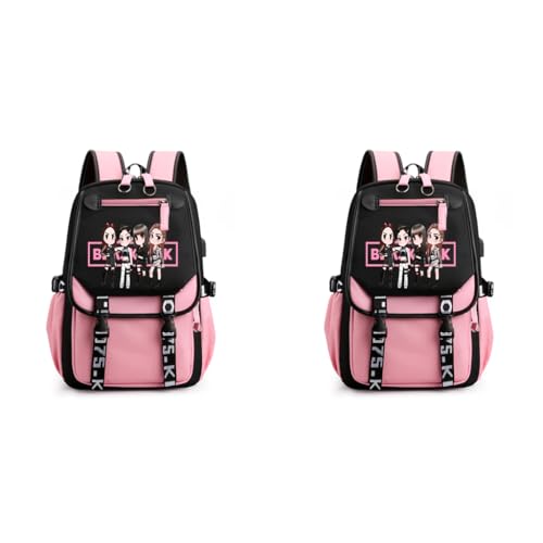 PALAY® Black Pink Bag for Girls School with USB Cable Jack Cute Backpacks Idol Print Design Laptop and Casual Student Accessories That Hold 16.8 Inch Books 2 PCS