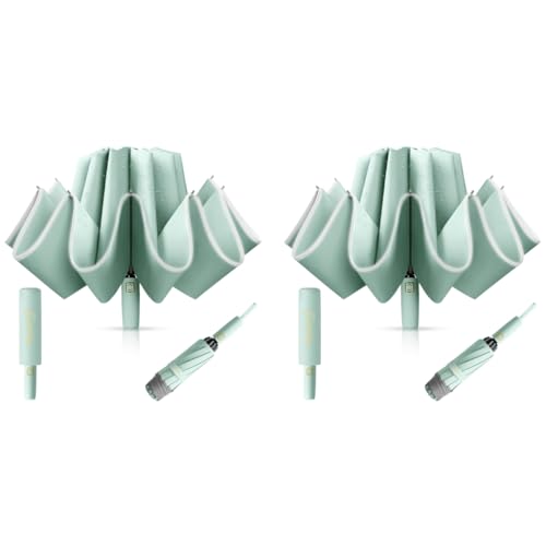 PALAY® Auto 3-Fold Large Umbrella with Reflective Strip 50'' Compact Travel One-Touch Open Close Reinforced 10 Dual Ribs Sun Protection 99 UV Rain Windproof for Men Women Mint Green 2 PCS