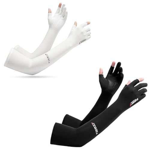 PALAY® 2 Pairs Sun Protection Gloves for Women Men, Ice Silk UV Cooling Full Arm Sleeves Non-Slip Touchscreen Design Open Finger Tips, Breathable Hand Gloves for Cycling, Driving, Outdoor Activities