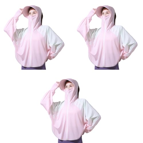 PALAY® Woman Sun Protection Hoodie Jacket Lightweight UPE50+ Sun Blocking Coat with Pocket Long Sleeve Shirt Hiking Outdoor with Face Mask, Pink 3 PCS
