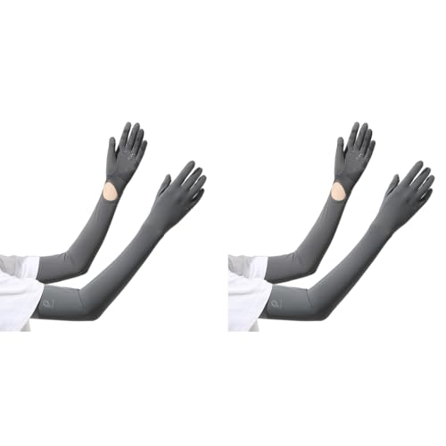 PALAY® UV Protection Arm Sleeves Nylon Ice Silk with One Piece Gloves Open Finger Tip and Anti-slip Palm Design Outdoor Cool for Driving Cycling Gardening Grey X 2