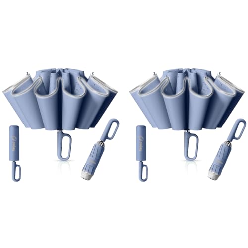 PALAY® 50 Large Umbrella with Reflective Strip Auto 3-Fold Compact Travel Carabiner Handle Reinforced 10 Dual Ribs Sun Protection 99 UV Rain Windproof for Men Women Blue 2 PCS