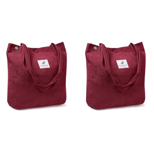 PALAY® Classic Tote Bag Corduroy Fashion Burgundy Large Hand Shoulder For Women Shopping Grocery Commuting 2PCS
