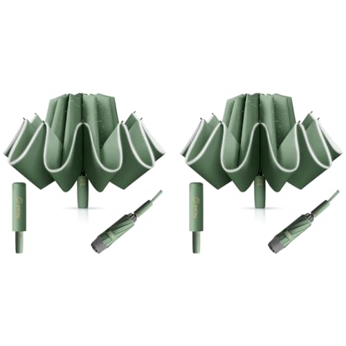 PALAY® Auto 3-Fold Large Umbrella with Reflective Strip 50 Inch Compact Travel Umbrella One-Touch Open Close Reinforced 10 Dual Ribs Sun Protection 99 Percent UV Rain Windproof for Men Women Green X 2