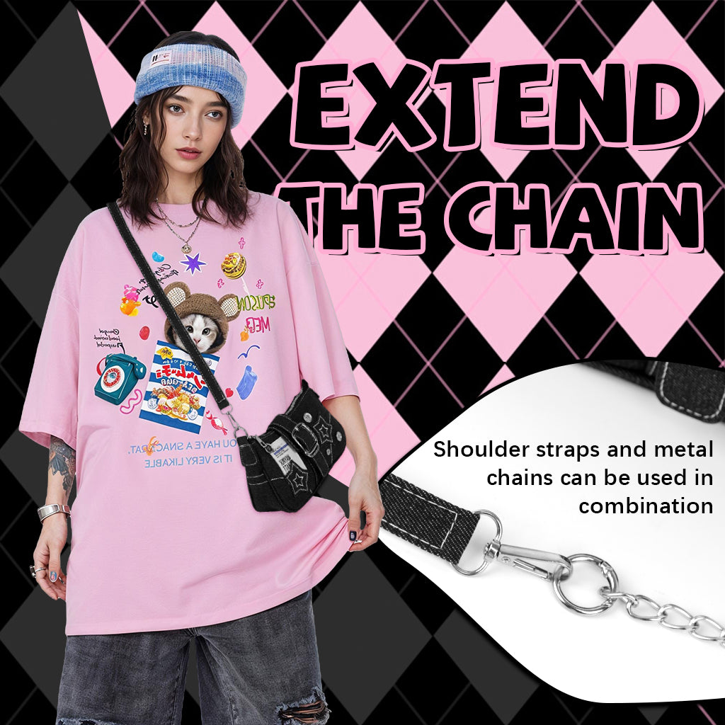 PALAY® Chic Shoulder Bag for Girls Canvas Handbag with Chain Charm Small Hobo Bag Stylishly Sweet Y2K Star Patchwork Letter Printed Handbag Casual Small Shoulder Zipper Bag, 23x7x13cm