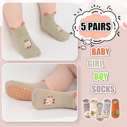 PALAY® Juego de 5 pares de calcetines para bebé, calcetines antideslizantes para recién nacidos de 1 a 3 años, calcetines de tobillo con agarre antideslizante y suelas antideslizantes para bebés