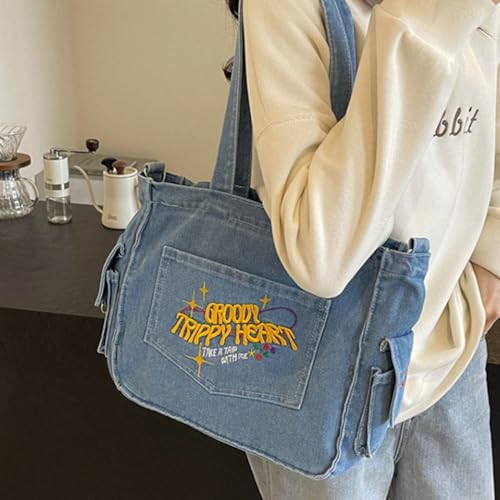 PALAY® Chic Cloth Bag for Girls Women Casual Shoulder Crossbody Tote 2 in 1 Variable Hand Fashion Letter Embroidery Denim Book for Daily School 2PCS