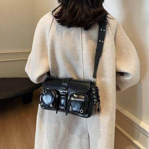 PALAY® Shoulder Bag for Women Black PU Hobo Fashion Dainty Casual Hand Chic Punk Multipocket Zip-up Evening Bag 27x7x16cm 2PCS