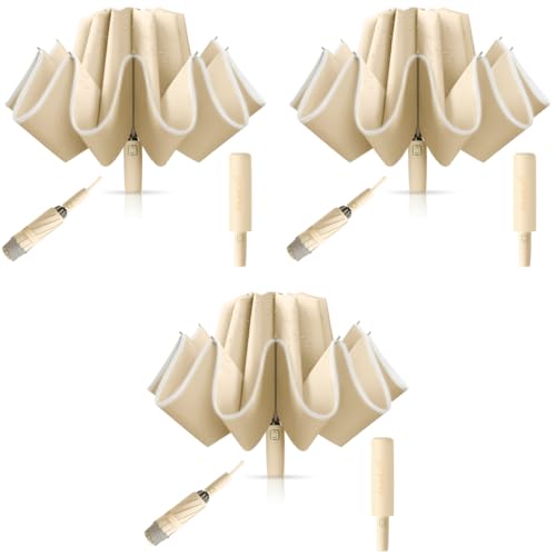 PALAY® 3 Fold Umbrella for Rain with Reflective Strip Compact Travel Auto One-Touch Open Close Reinforced 10 Dual Ribs Sun Protection 99% UV Windproof Men Women Khaki 3PCS