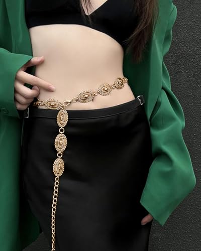 PALAY® Boho Waist Belt for Women Golden Concho Belt Saree Waist Belt Metal Concho Belt Western Fashion Conchos Adjustable Concho Belt, 29.53 inches +19.69 inches 2 PCS