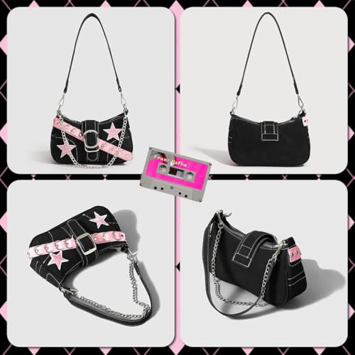 PALAY® Chic Shoulder Bag for Girls Canvas Handbag with Chain Charm Small Hobo Stylish Sweet Y2K Star Patchwork Letter Printed Casual Zipper 23x7x13cm 3PCS