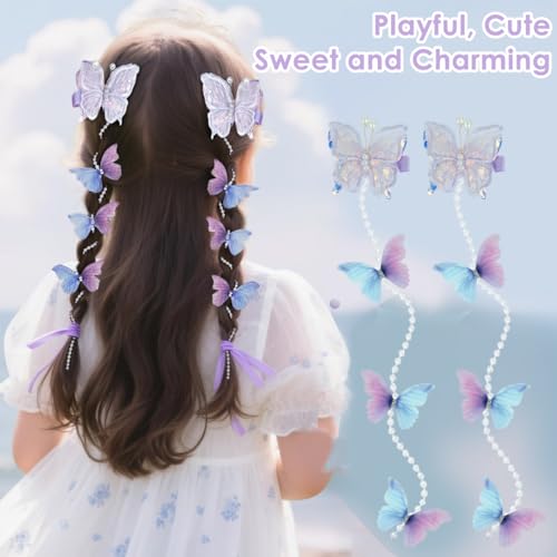 PALAY® 6Pcs Pearl Butterfly Kids Hair Clips for Girls,Cute Braid Hair Accessories for Kids Girls Fashion Hairpin Beaded String Charm Headpieces Pins Gift Party Daily Headwear