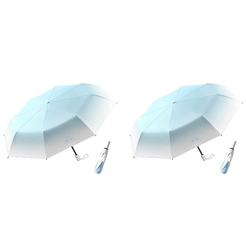 PALAY Automatic Folding UV Umbrella for Travel with 8 Fiber Ribs and UPF 50 Protection | Azure Blue 2PCS