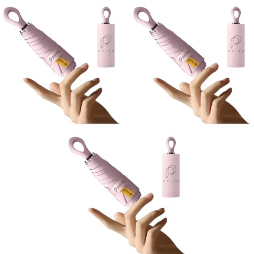 PALAY® 3Pcs Mini Sun Umbrella UPF 50 Plus Sun Protective Umbrella with Black Liner 6 Strong Ribs Design Fashion Outdoor Folding Travel Lightweight Umbrella with Rubberized Hanging Handle