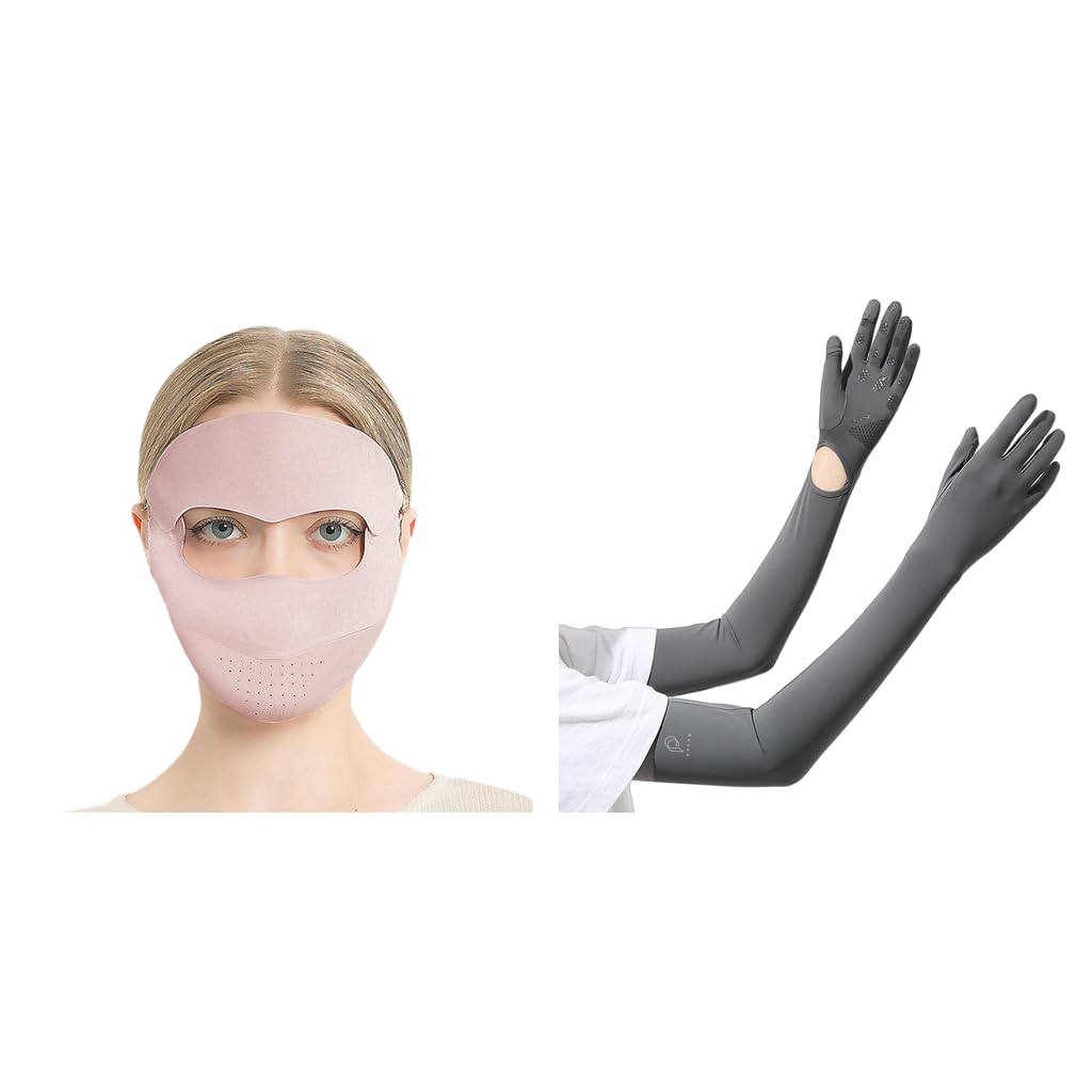 PALAY Women Face Mask & UV Protection Arm Sleeves Set with UPF 50+ Ice Silk | Cooling Outdoor Sports Accessory