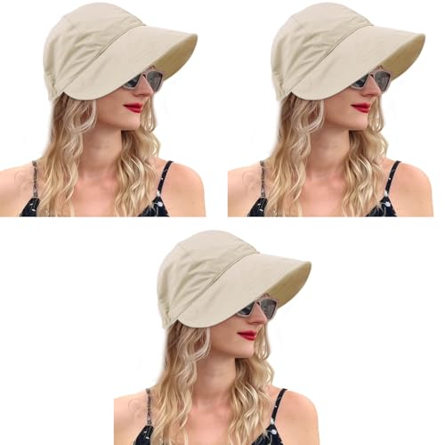 PALAY® Sun Hat for Women, Fashion Wide Brim Caps for Women, Summer Bucket Hats, Lightweight Quick Dry Cap Hats for Women Beach, Cycling, Travel (Beige, Drawstring Closure) 3 PCS