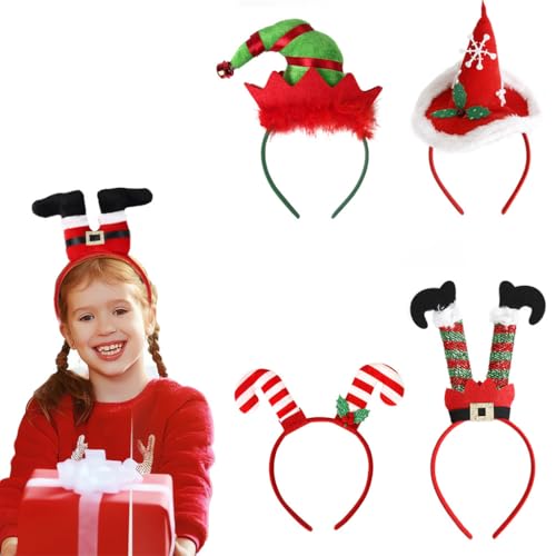 PALAY® 4Pcs Kids Christmas Headbands Festive Fun Headpieces Green and Red Elf-hat & Santa Hat Headband for Party, Photography Prop Holiday Costume Accessories