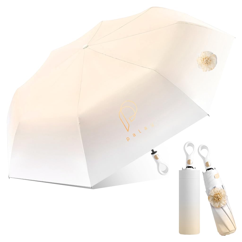 PALAY Sun Umbrella for Travel and Rain with 8 Fiberglass Ribs and Rubber Handle | Beige UV Protection