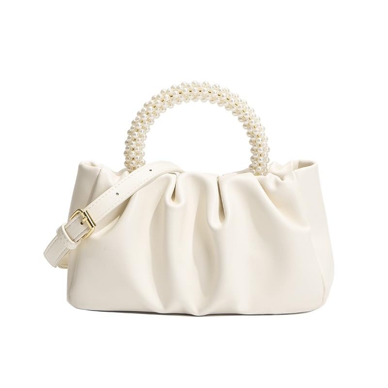 PALAY® Evening Purse Women Small Pearl Handbags Soft Leather Ruched Bag Bridal Clutch Party Prom Crossbody Purses